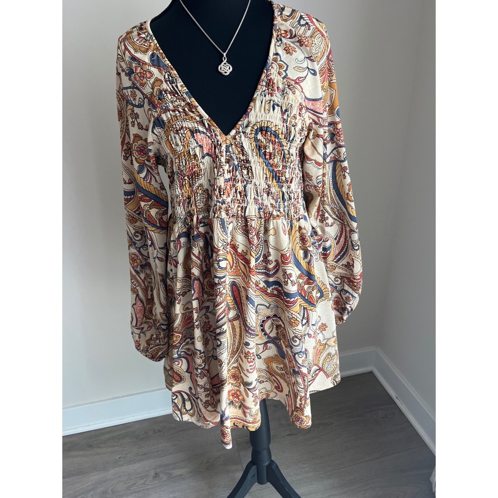 Melloday Womens Paisley Smocked V-Neck Boho Mini Dress Long Sleeve Orange Blue M